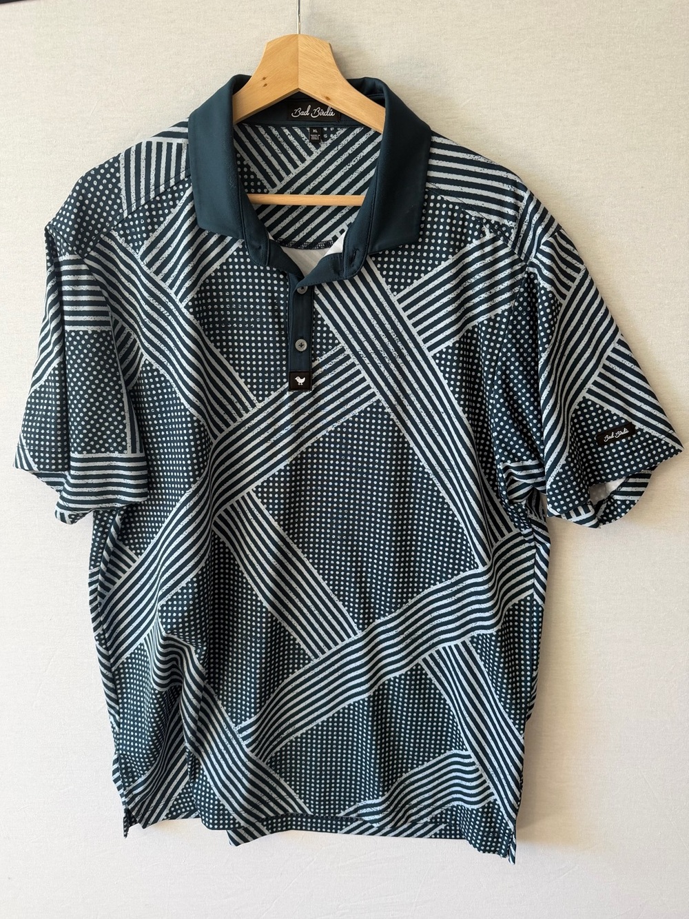 Bad Birdie Blue and Light Gray Geometric Polo